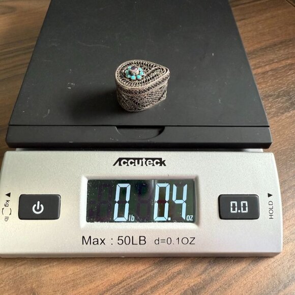 Vintage Silver Filigree Teardrop Trinket Box With Turquoise +  Amethyst - Picture 8 of 10